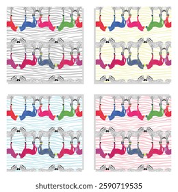 Set of four vector animal print seamless patterns with colorful and black and white zebra illustrations mirroring in stripes
