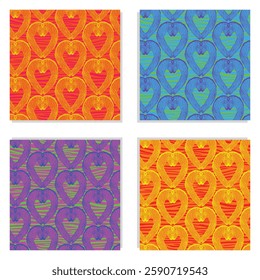 set of four vector animal print seamless pattern with colorful zebra illustrations like hearts on colored zebra print background