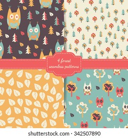 Set of four vector autumn forest seamless patterns with owls, fir-trees, trees and leaves. Design for fabric.