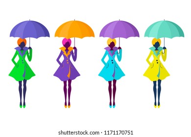 Set of four vector autumn illustration with multicolor silhouettes of girl in coat with umbrella isolated on the white background.