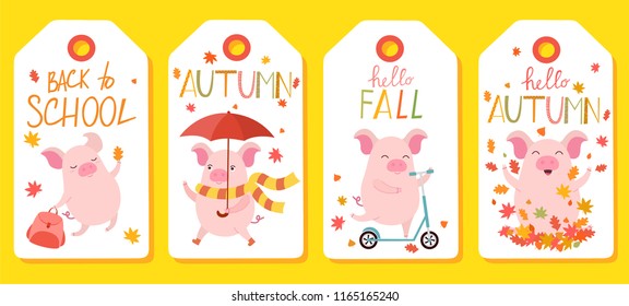 Set of four vector autumn tags with cute pigs. Vector illustration.
