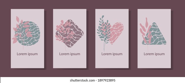 Set of four vector backgrounds in a minimalist style with figures, branches and space for an inscription. Design for use in social networks, on postcards, flyers, business cards, posters, invitations.