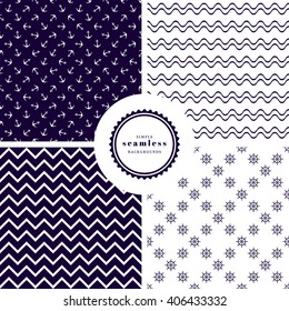 Set of four vector backgrounds. Zigzag, waves, anchors and steering wheels. Marine style. 