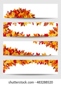 Set of four vector banners with red, orange, brown and yellow autumn leaves.