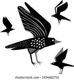 Set of four vector bird silhouettes of black and gray. Minimalistic image of raven. For use as a logo, icon.