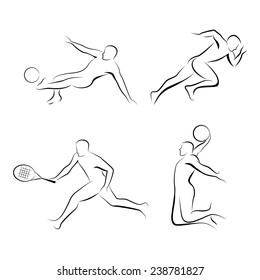Set of four vector black and white sports men's outlines. 