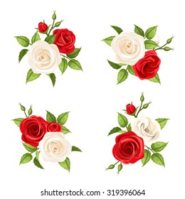 Set of four vector bouquets of red and white roses isolated on transparent background.