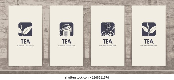 Set of four vector business cards with drawings on the theme of tea. Tea is always a good idea