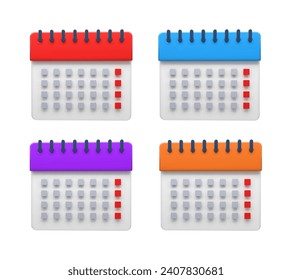 Juego de cuatro iconos de calendario vectoriales con cabeceras rojas, azules, púrpuras y naranjas y fechas marcadas