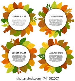 Set of four vector card with yellow leaves isolated on white background. Colorful autumn leaves under white round label. 
