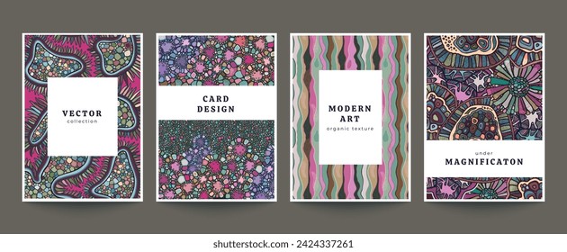 Set of four vector cards with colorful abstract organic patterns. Abstract backgrounds in biological style. Macro image, plants, magnified under a microscope