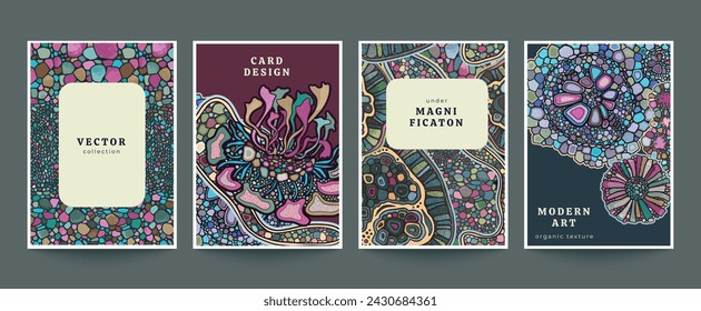 Conjunto de cuatro tarjetas vectoriales con coloridos patrones orgánicos abstractos. Fondos abstractos en estilo biológico. Macro imagen, plantas, magnificadas bajo un microscopio
