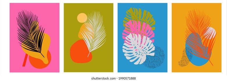 Set of four vector cards or covers with abstract shapes in flat boho style isolated on white background