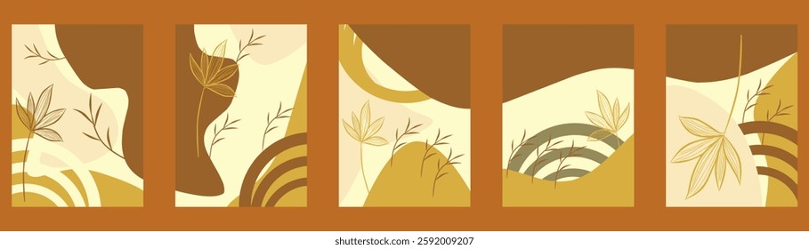Set of four vector cards or posters in modern abstract style with nature motifs, flowers, leaves and hand drawn texture. Templates for your design