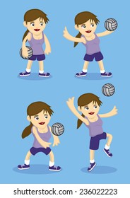 Set of four vector cartoon girl playing volley ball. Illustration isolated on blue background.