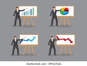 Set of four vector cartoon illustration of businessman standing in front of white board and pointing to graph and charts isolated on grey background.