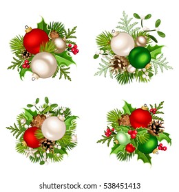 Set of four vector Christmas decorations with red, silver and green balls, fir-tree branches, cones, holly and mistletoe isolated on a white background.