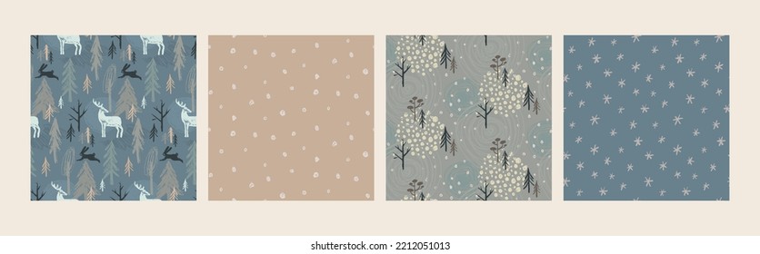 Set of four vector Christmas seamless patterns with hand drawn winter forest trees, animals, abstract texture. Vector endless backgrounds of new year symbols in modern graphic style.