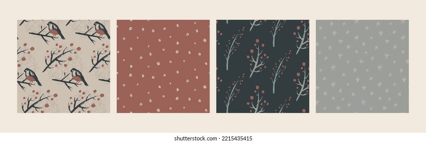 Set of four vector Christmas seamless patterns with hand drawn winter forest trees, animals, abstract texture. Vector endless backgrounds of new year symbols in modern graphic style.