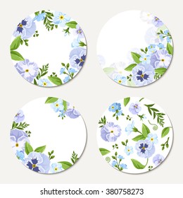 Set of four vector circle white cards with blue and purple pansies and forget-me-not flowers.