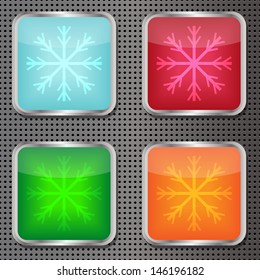 set of four vector colorful buttons with snowflakes on the perforated metal texture for design