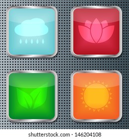 set of four vector colorful buttons with rain, sun, leaf and flower symbols on the perforated metal texture for design