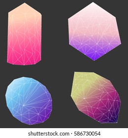 Set of four vector colorful crystals on dark gray background made in trendy low-poly style.
