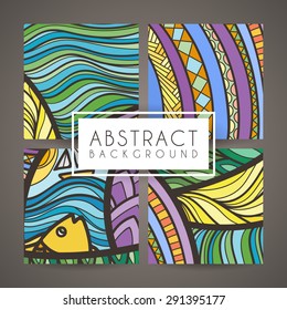Set of four vector colorful intricate patterns. Doodle. Zentangle