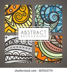 Set of four vector colorful intricate patterns. Doodle. Zentangle