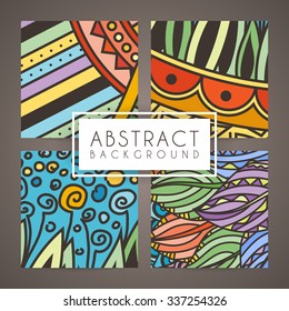 Set of four vector colorful intricate patterns. Doodle. Zentangle