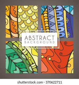 Set of four vector colorful intricate patterns. Doodle. Zentangle