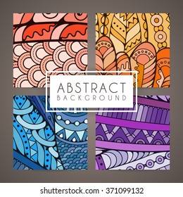 Set of four vector colorful intricate patterns. Doodle. Zentangle
