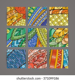 Set of four vector colorful intricate patterns. Doodle. Zentangle