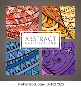 Set of four vector colorful intricate patterns. Doodle. Zentangle