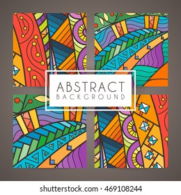 Set of four vector colorful intricate patterns. Doodle. Zentangle. Ornate ornaments.
