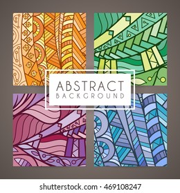 Set of four vector colorful intricate patterns. Doodle. Zentangle. Ornate ornaments.