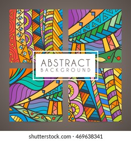 Set of four vector colorful intricate patterns. Doodle. Zentangle. Ornate ornaments.