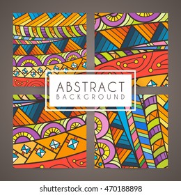 Set of four vector colorful intricate patterns. Doodle. Zentangle. Ornate ornaments.