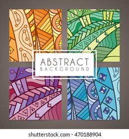 Set of four vector colorful intricate patterns. Doodle. Zentangle. Ornate ornaments.