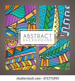 Set of four vector colorful intricate patterns. Doodle. Zentangle. Ornate ornaments.