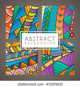 Set of four vector colorful intricate patterns. Doodle. Zentangle. Ornate ornaments.