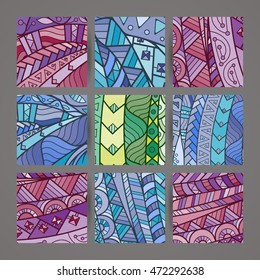 Set of four vector colorful intricate patterns. Doodle. Zentangle. Ornate ornaments.