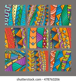 Set of four vector colorful intricate patterns. Doodle. Zentangle. Ornate ornaments.