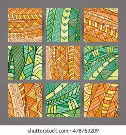 Set of four vector colorful intricate patterns. Doodle. Zentangle. Ornate ornaments.