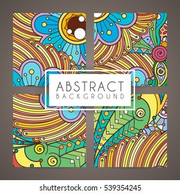 Set of four vector colorful intricate patterns. Doodle. Zentangle. Or