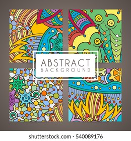 Set of four vector colorful intricate patterns. Doodle. Zentangle. Or