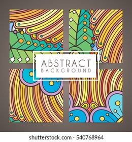 Set of four vector colorful intricate patterns. Doodle. Zentangle. Ornate ornaments.