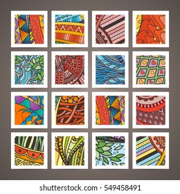 Set of four vector colorful intricate patterns. Doodle. Zentangle. Or