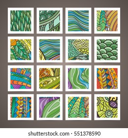 Set of four vector colorful intricate patterns. Doodle. Zentangle. Or