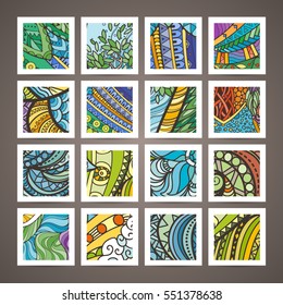 Set of four vector colorful intricate patterns. Doodle. Zentangle. Or